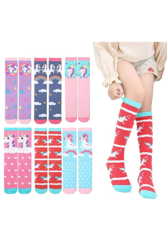 Godderr Girls Knee High Socks 3 Pairs Cartoon Thigh High Socks Funky Knee-High over Calf Stockings Toddler Kids Printed Socks