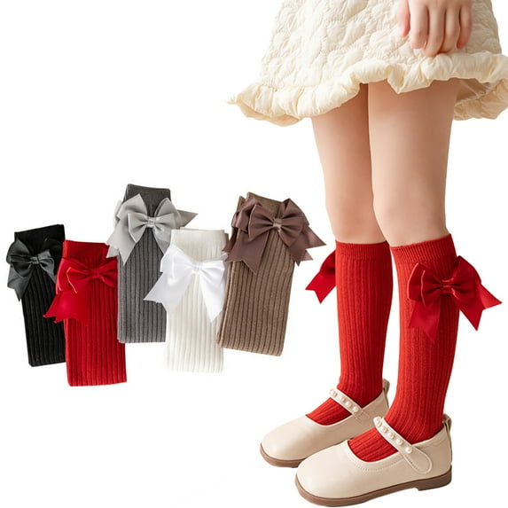 Godderr Girls Knee-High Socks Kids for Kids Bow Stockings 3-12Y Toddlers Princess Socks Baby High Socks Long Stockings Uniform Socks 2 Pairs for 3-12Y