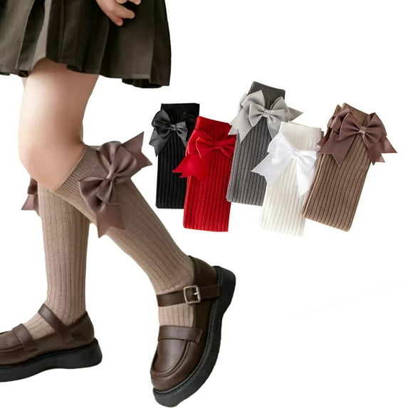 Godderr Girls Knee-High Socks Kids for Kids Bow Stockings 3-12Y Toddlers Princess Socks Baby High Socks Long Stockings Uniform Socks 2 Pairs for 3-12Y