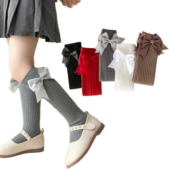 Godderr Girls Knee-High Socks Kids for Kids Bow Stockings 3-12Y Toddlers Princess Socks Baby High Socks Long Stockings Uniform Socks 2 Pairs for 3-12Y