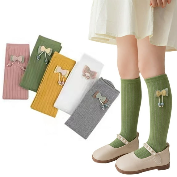 Godderr Girls Knee High Socks for Toddler Kids 3-12Y Little Girls Cotton Tube Stockings Cute Bow Knot Dress Socks Autumn Mid-Tube Socks
