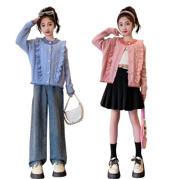 Godderr Girls Knit Cardigan Sweaters Outwear for Kids Toddler,Big Girl Lotus Leaf Edge Button Sweater Jacket Baby Round Neck Cardigan Sweater Coat,Sizes 3-12Y