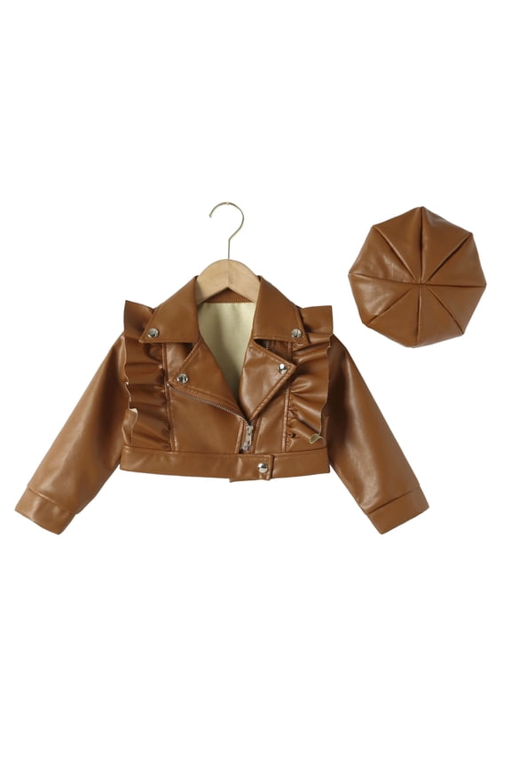 Girls Leather Jacket Short Coats for Baby Toddler Ruffle Edge Lapel Leather Zipper Outerwear Fall Winter with Hat Motorcycle Jackets Brown PU Faux Leather Coat for 2-7Y