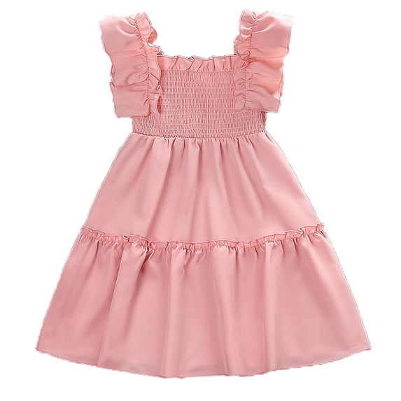 Godderr Girls Summer Dresses,Puff Ruffle Short Sleeve Dress Princess Skirt for Toddler 4-7 Years Pink