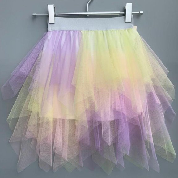 Godderr Girls Tutu Dress,Lrregular Tulle Petticoat Ballet Bubble Skirts,Prom Dress Up for 4-10Y Kids Pink Colorful Gradient