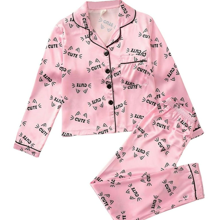 Godderr Kids 2Pcs Silk Satin Pajama Set for Girl Button Silk