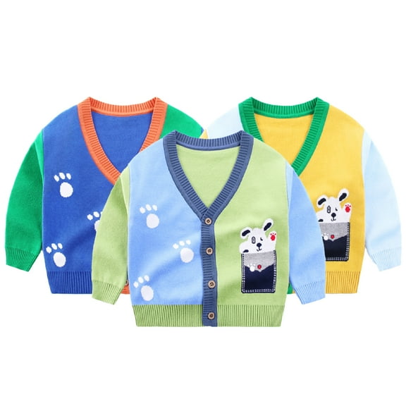 Godderr Kids Baby Boys Girls Knitted Coats 1-7Y Toddler V-Neck Cotton Knit Sweater Casual Outerwear Basic Long Sleeve Cartoon Knit Cardigan Sweater