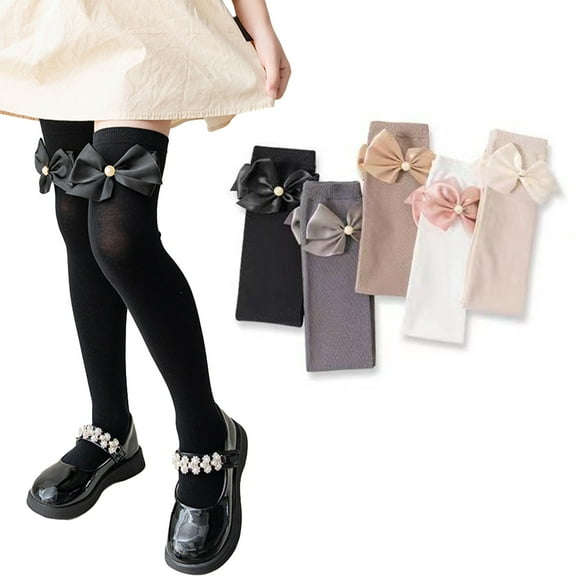 Godderr Kids Baby Girl's Knee High Socks with Bow 3-12Y Little Girl's Dress Socks Cotton Tube Long Socks Non-slip Socks 2 Pairs