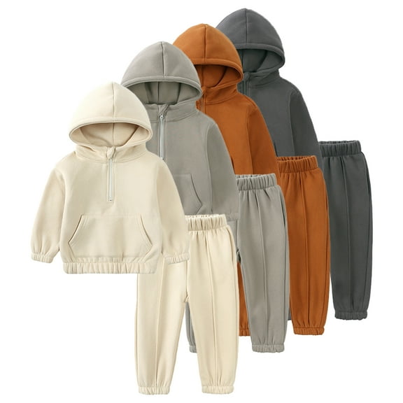 Godderr Kids Baby Girls Boys Fleece Tracksuit Outfit Fall Winter Zipper Hooded Solid Color Sweatsuit + Casual Jogger Pants Two-Piece Set 1-7 Years
