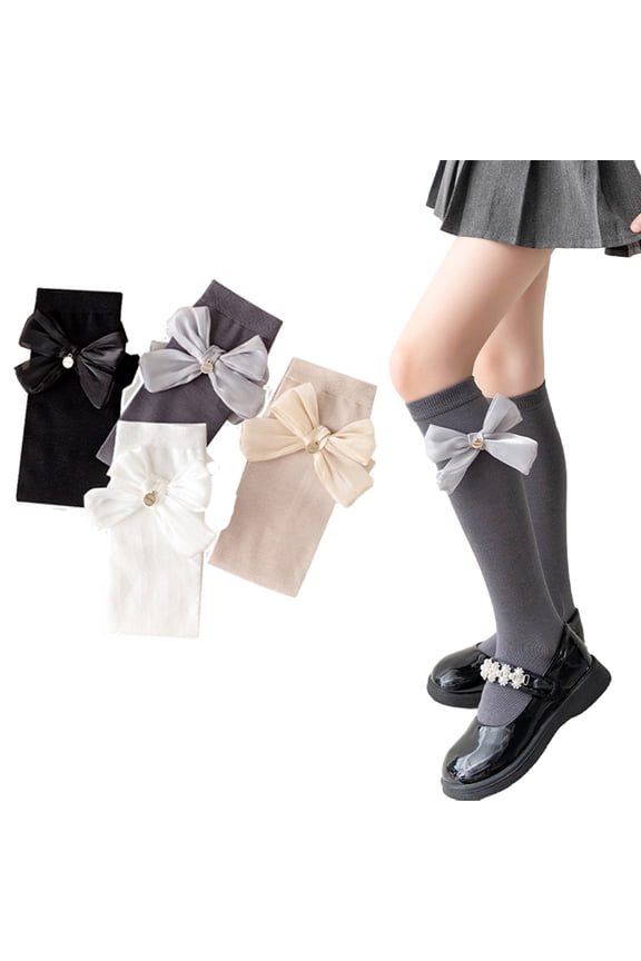 Kids Baby Girls Knee High Socks Toddler Bow Mesh Breathable Dress Socks 2 Pairs Toddler Cotton Uniform Stockings Big Girls Long Stockings with Bow for 3-12Y