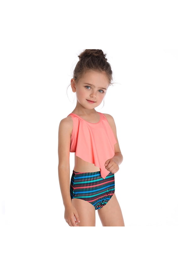 Kids Baby Girls One Pieces Bikini 2-Piece Swimsuit Beach Sport Bathing Suit Toddler Double Fly Trim Prints Swimwear for Girls 2-12T