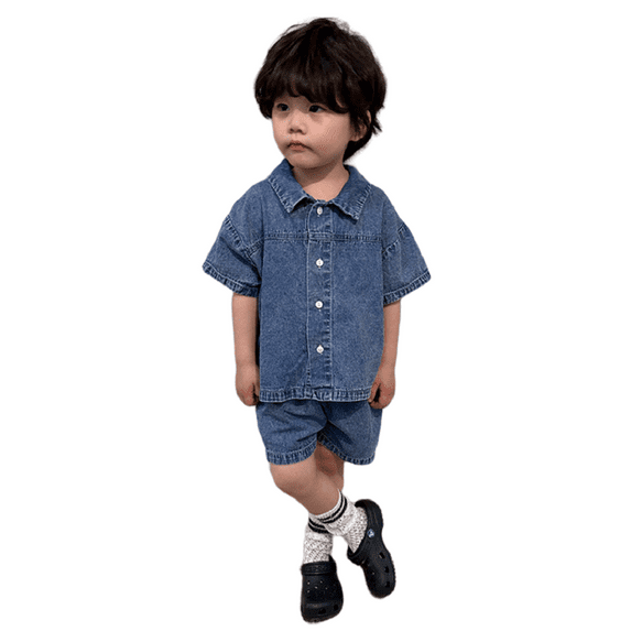 Godderr Kids Boys Girls Denim Outfits,Toddler Short-Sleeved Sibling Brother Sister Outfit,Baby Summer Denim Button-Down Suit for 1-9Y