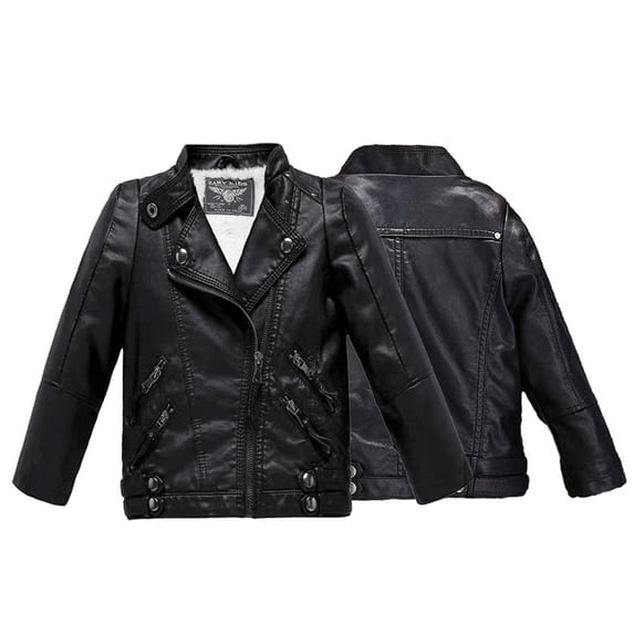 Godderr Kids Boys Girls Padded Leather Jacket Toddler Faux Leather Coat Autumn Winter Zipper Warm Coat Outwear for 2-14Y