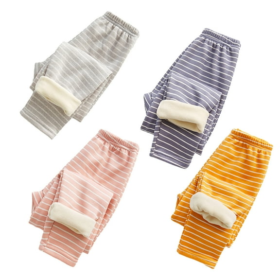 Godderr Kids Girls Fleece Pants Warm Leggings Toddler Baby Thick Winter Pants Stripe Stretch Comfortable Trousers for 2-12Y