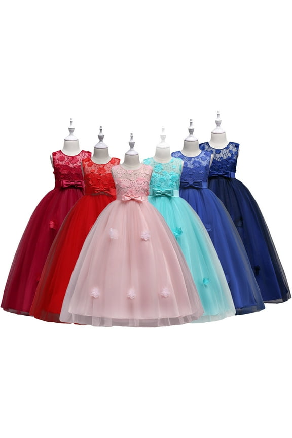 Kids Girls Flower Princess Dress Sleeveless Wedding Flower Girls Dresses 4-16Y Teen Wedding Bridesmaid Tulle Puffy Skirt Little Girls Birthday Party Pageant Gown Floor Length