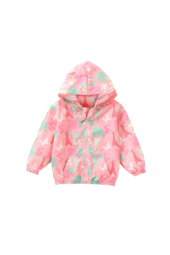 Kids Girls Hooded Jackets Spring Fall Outerwear，Toddler Girls Cartoon Print Zip Hooded Waterproof Outerwear for 3-8Y