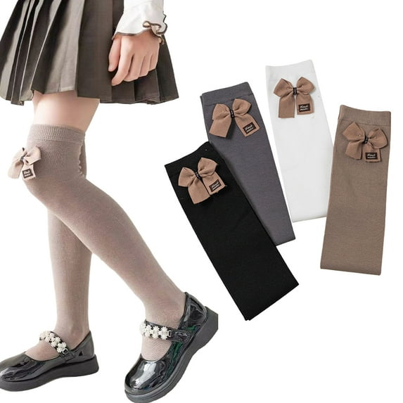 Godderr Kids Girls Knee High Socks 2 Pairs Baby Autumn Spring Cotton Socks Stockings Tube Socks Bow High Stockings Big Girls Stacked Socks for 3-12Y