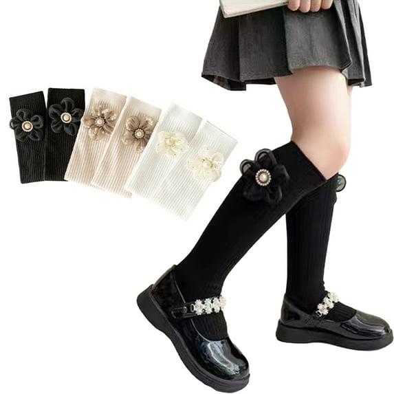 Godderr Kids Girls Knee High Socks 3-12Y Big Girls High Socks Dress Socks Toddlers Straight Leg Socks 3 Pairs Long Stockings Uniform Socks Mesh Breathable Solid Color Cotton Tube Socks