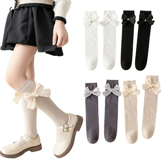 Godderr Kids Girls Knee High Socks Toddler Girls Bow Dress Socks Cotton Socks Comfortable Soft Spring Autumn Socks for 2 Pairs 3-12Y