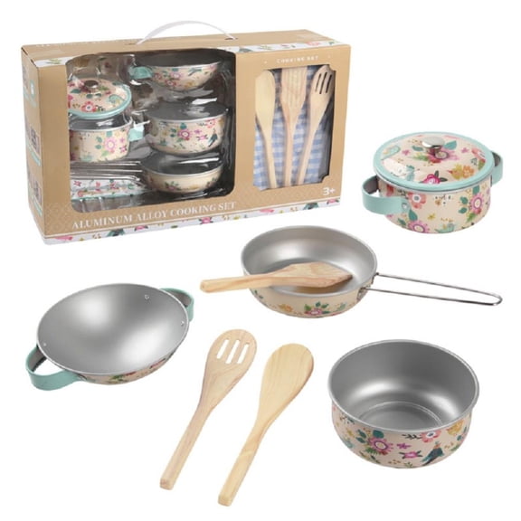 Godderr Kids Mini Kitchen Toys Tinplate Printing Plastic Tableware 3-12th Old Boys Girl Toys Apricot