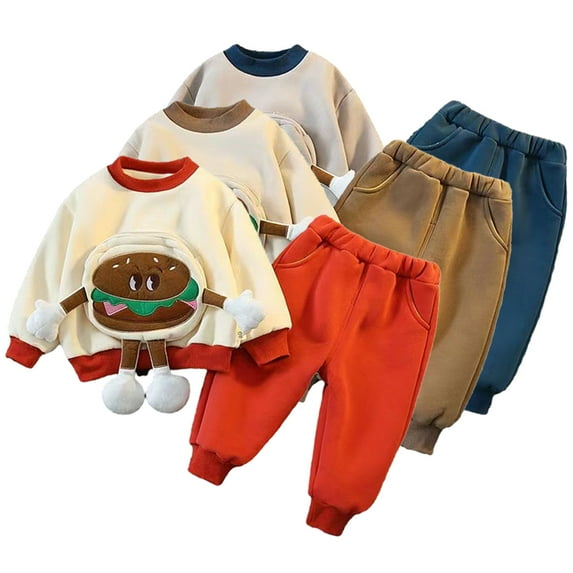 Godderr Kids Toddler Autumn Winter Sweatsuit Sweatpants Outfit for Boys,5M-5Y Baby Thick Fleece Sweatshirt Set Infant Cute Pullover Track Suits Warm Pajamas