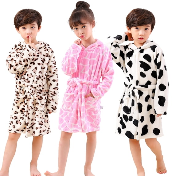 Godderr Kids Toddler Baby Boys Girls Bathrobe Plush Robe 1-10Y Kids Fleece Robes Winter Warm Hooded Robe Baby Print Night-Robe