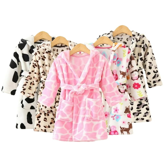 Godderr Kids Toddler Baby Boys Girls Bathrobe Plush Robe 1-10Y Kids Fleece Robes Winter Warm Hooded Robe Baby Print Night-Robe