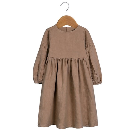 Godderr Kids Toddler Baby Girls Dresses Girls Casual Dresses for 1-5Y Solid Color Cotton Linen Long Sleeve Spring, Fall Summer Peplum Princess Dress