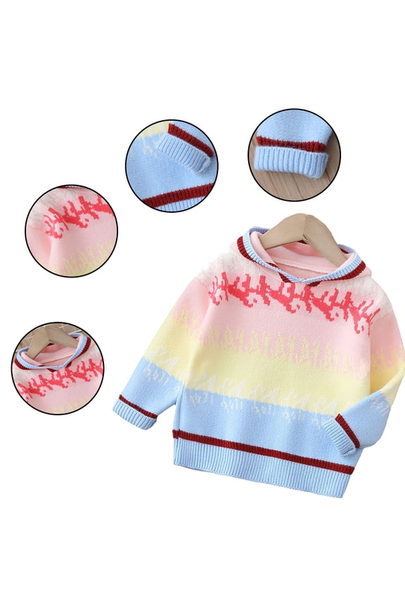 Kids Toddler Baby Pullover Knit Sweater with Hoodie Underlay Rainbow Color Fall Winter Sweater Coats for 1-5Y