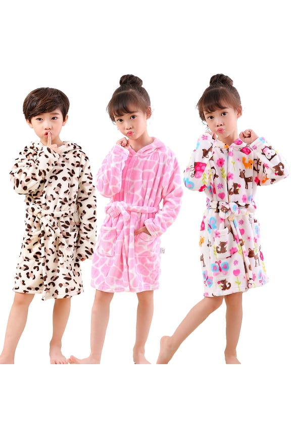 Kids Toddler Boys Girls Fleece Robe Cute Print Autumn Winter Hooded Night-Robe Toddler Soft Fuzzy Bathrobe with Belt for Boys Girls 1-10 Years