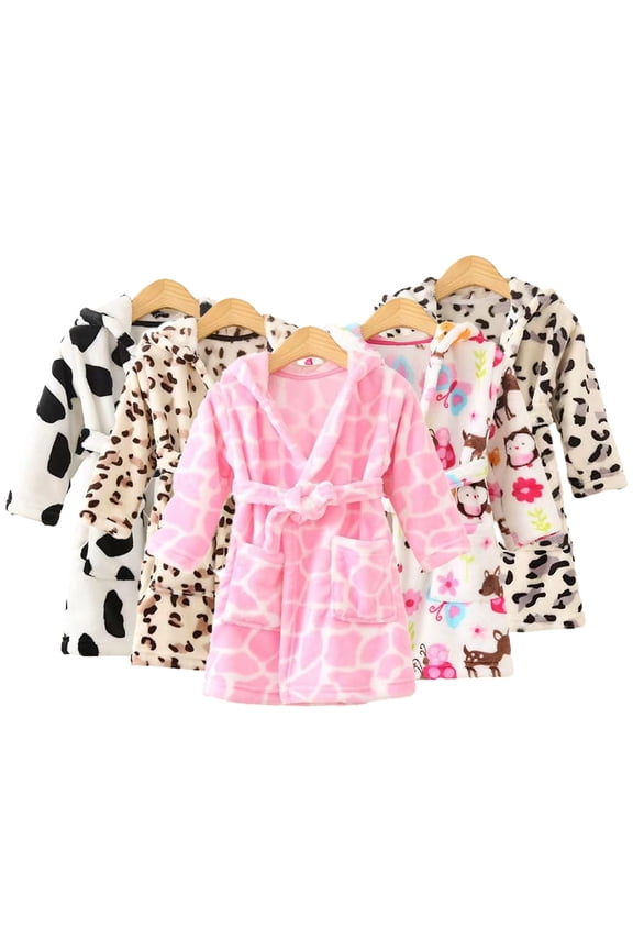 Kids Toddler Baby Boys Girls Bathrobe Plush Robe 1-10Y Kids Fleece Robes Winter Warm Hooded Robe Baby Print Night-Robe