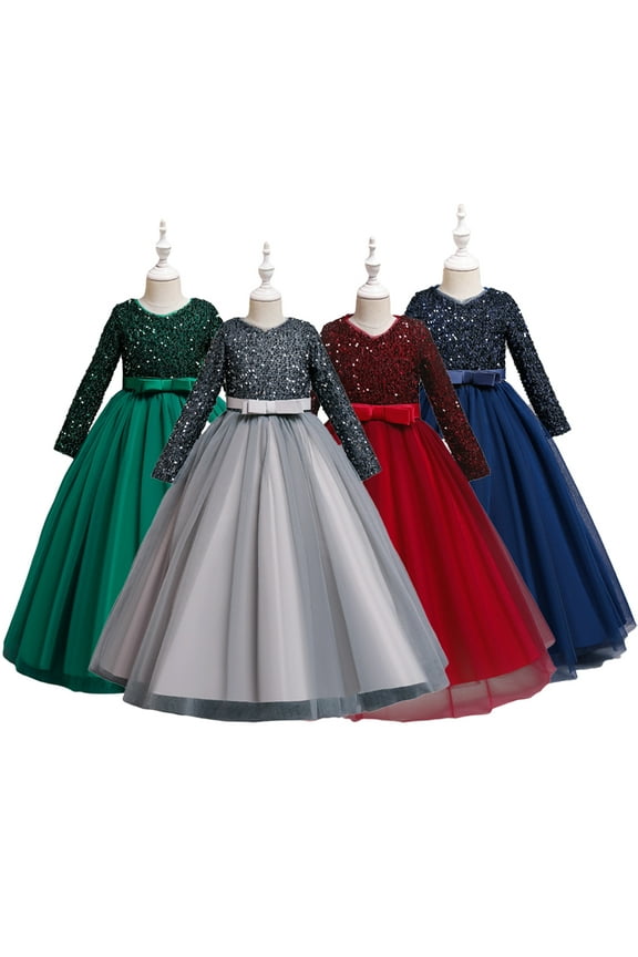 Kids Toddler Flower Girl Dress 4-12Y Sequined Pageant Ball Gown Kids Long Sleeves Christmas Birthday Party Dresses Bow Princess Dress Wedding Dress Mother of the Bride Big Girl Dresses