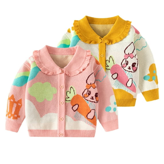 Godderr Kids Toddler Girls Knitted Sweater Outwear Baby Winter Warm Cardigan Jacket Coat Newborn Cartoon Printing Lapel Buttons Knitted Sweater Top for 12M-6T