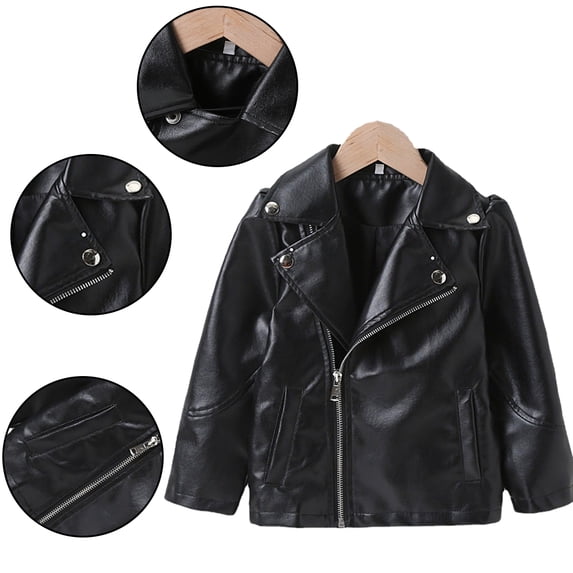 Godderr Kids Toddler Girls Leather Jacket Coats, Fall Winter Short Style Zipper Lapel Leather Outerwear With Pocket Baby Toddler Girls Faux Leather Moto Jacket, Sizes 2-6T