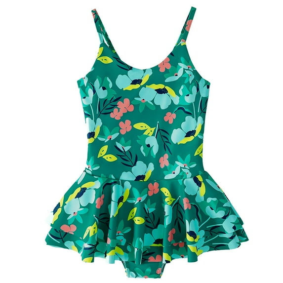 Godderr Kids Toddler Girls One Piece Swimsuits Crushed Flower Suspenders Stretch Bikini Summer Bathing Suits 4-12 Years Old