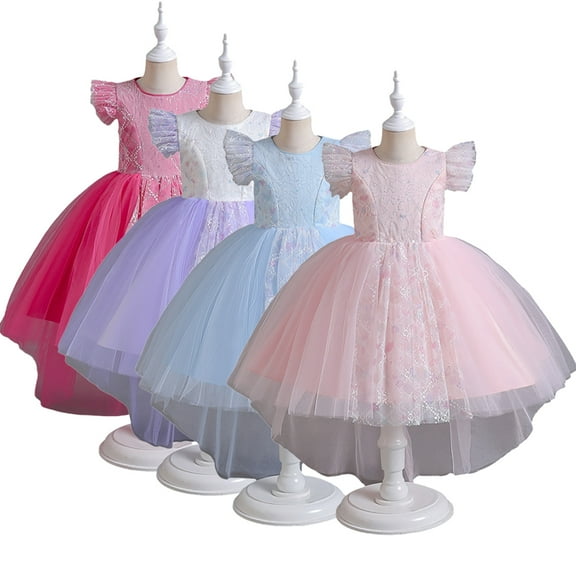 Godderr Kids Toddler Girls Princess Dresses Flower Girl Wedding Dress Fly Fly Sleeve Piano Performance Dresses 4-12 Years Tulle Birthday Party Gown