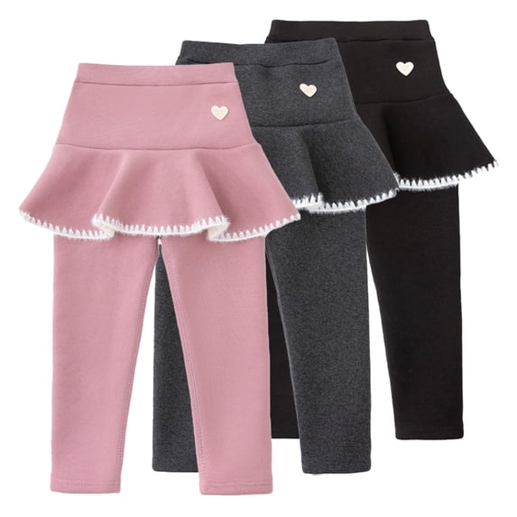 Godderr Kids Toddler Girls Winter Leggings with Ruffle Skirt Warm Thicken Fleece Leggings Kids Solid Color Autumn Winter Tights Long Pants for 2-10Y
