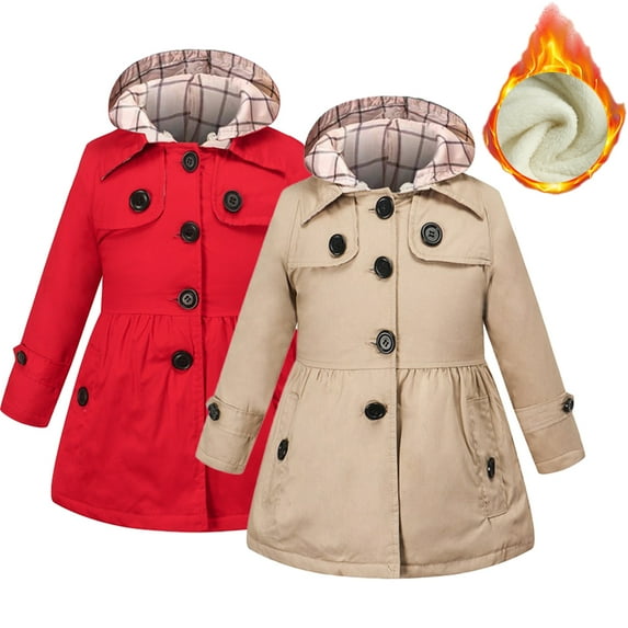 Godderr Kids Toddler Winter Trench Coat Jacket for Girls Dress Warm Thicken Waterproof Cotton Windbreaker Single Breasted Trench Coat with Hoodie