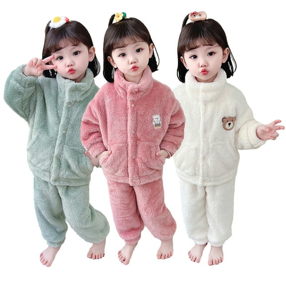 Godderr Kids Toddlers 2Pcs Fleece Pajamas Pjs Set for Girls Long-Sleeved Pajamas Pants Set 1M-7T Baby Warm Thickening Sleepwear Set Autumn Winter High Collar Fleece Newborn Loungewear Outfit