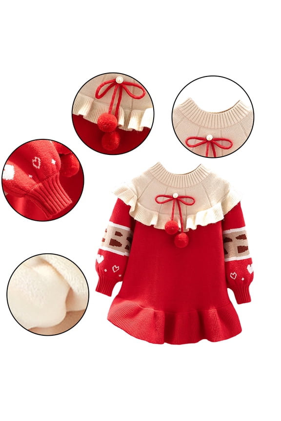 Kids Toddlers Girls Red Knitted Sweater Dress Baby Ruffle Edge Pullover Casual Dress Kids Puff Sleeve Pleated Red Party Infant Autumn Winter Dress Princess Dress for 9M-6T
