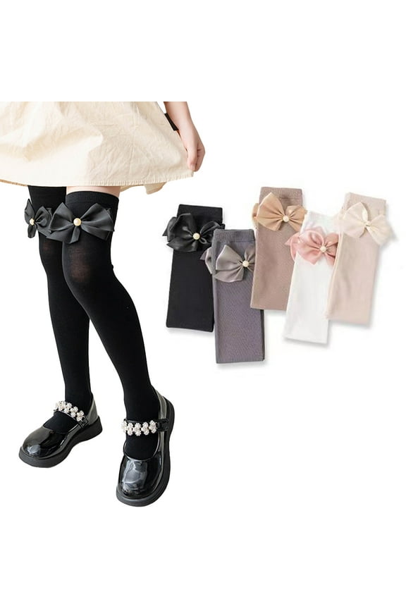 Little Girl's Knee High Socks Kids Overknee Stockings Bow Style Dress Socks Party Socks Cotton Tube Long Socks 2 Pairs for 3-12 Years