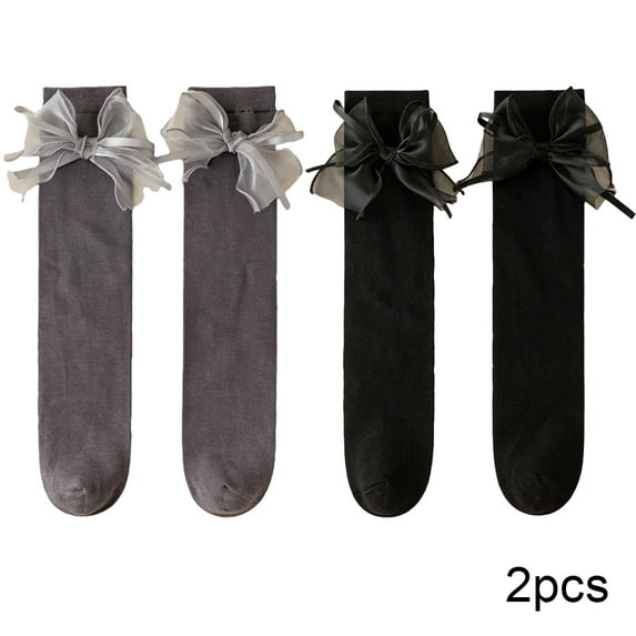 Godderr Little Girl's Knee High Socks with Bow 3-12Y Kids Dress Socks Toddler Cotton Tube Spring Autumn Long Socks Non-slip Socks 2 Pairs