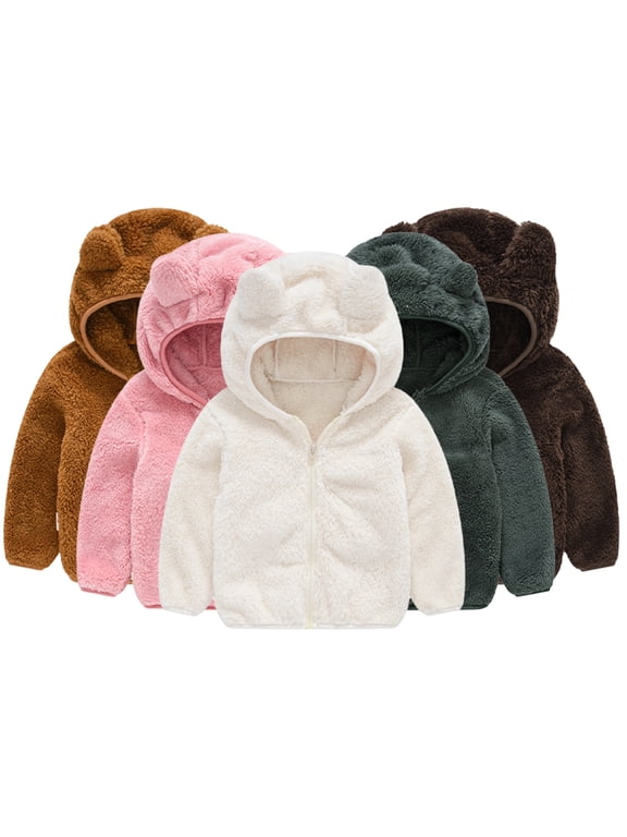 Newborn Baby Solid Color Fleece Jacket 9M-5Y Ears Hooded Coat Todder Boys Girls Casual Warm Outerwear Tops Winter Coats
