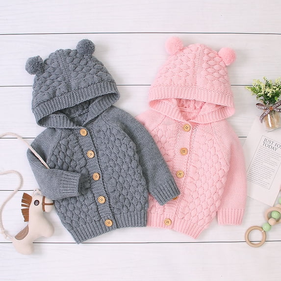Godderr Newborn Infant Hooded Knit Sweater Knitwear Fall Spring Cardigan Sweater with Bear Ears 3-12M Cute Knit Sweater Coats Jackets for Girls Boys