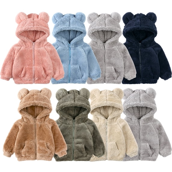 Godderr Newborn Kids Boys Girls Fleece Jacket Cute Bear Ear Winer Clothes Coats Warm Snowsuit Zipper Jacket Baby Coats Outwear 9M-6Y