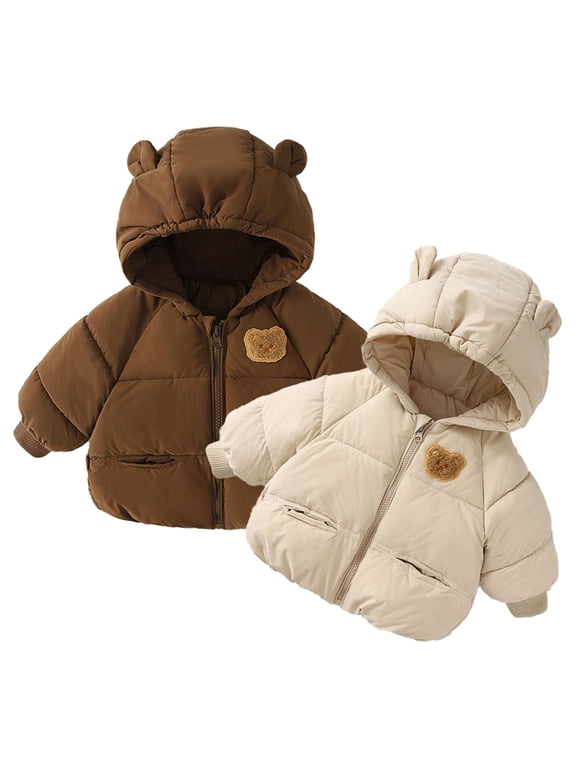 Newborn Kids Boys Girls Winter Jacket Ears Hooded Cotton Coats Solid Color Warm Tops Short Outerwear down Jackets for 9 Months-6 Years