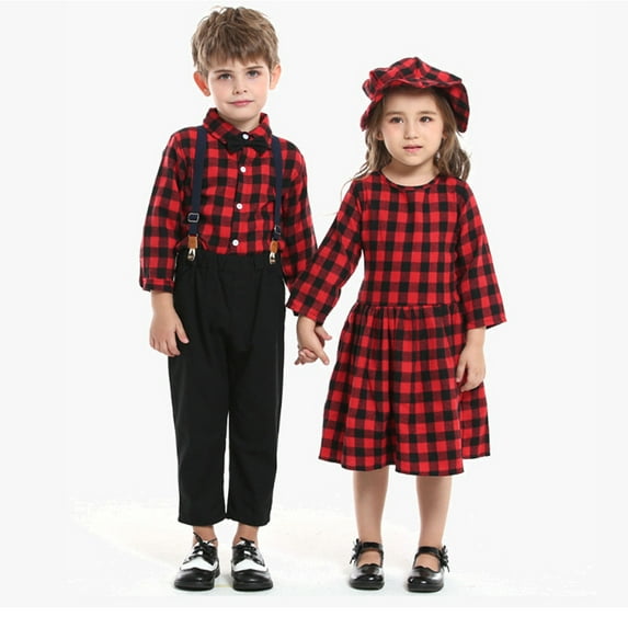 Godderr Newborn Kids Christmas Outfit Boys Red Black Plaid Cotton Shirt + Gentlemans Bib Pants Girls Plaid Dress + Leggings 3ps Fall Winter Set