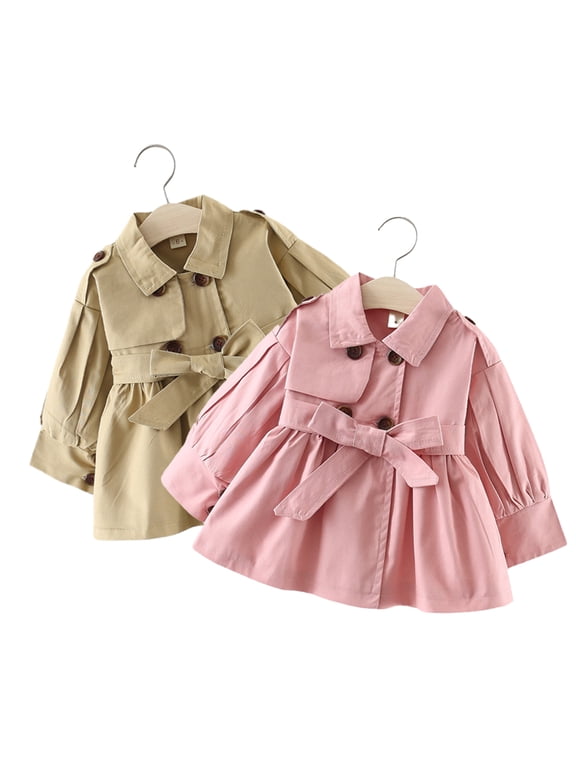 Newborn Toddler Baby Girls Trench Coat Spring Autumn Windbreaker Jacket Double Breasted Ruffle Trim Belted Outerwear Lapel Cardigan 6 Months-4 Years