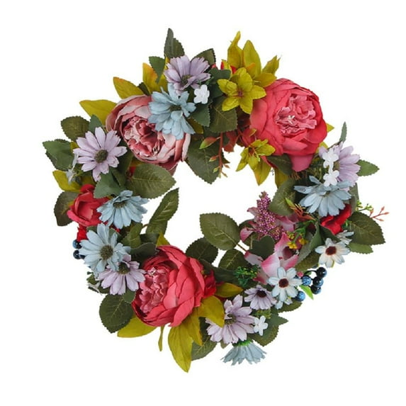 Godderr Peony Small Silk Flower Blossoms Wreath Door Decoration Garland Simulation Decoration Wreath 15.75inch