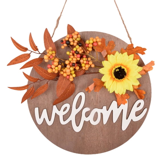 Godderr Round Welcome Wooden Door Wreath Plate Country Style Bow Decoration Door Hanging Garland Door Placards